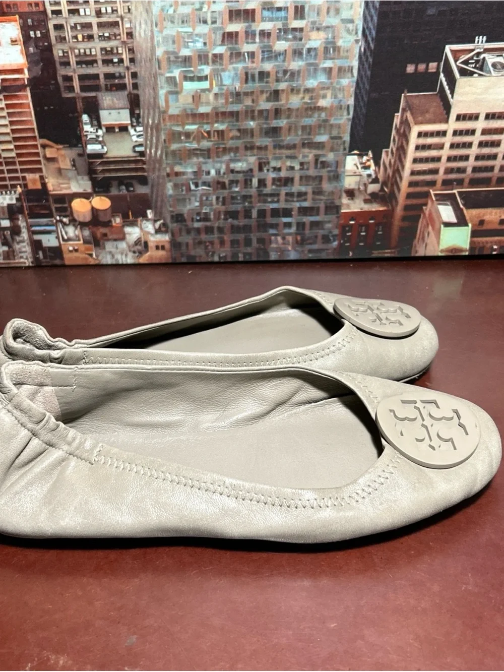 Tory Burch Neutral Taupe Logo Ballet Flats